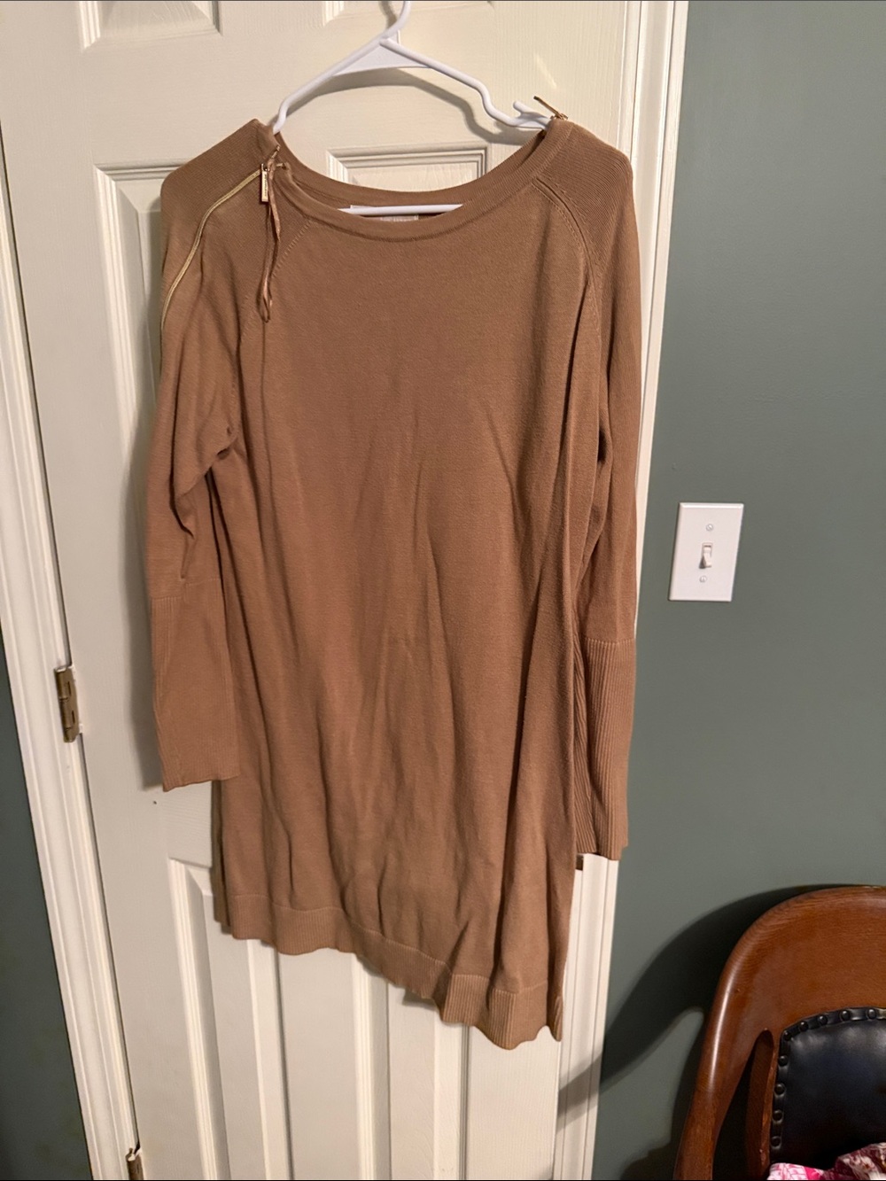 Michael Kors Camel Zip-Shoulder Pullover Sweater Dress